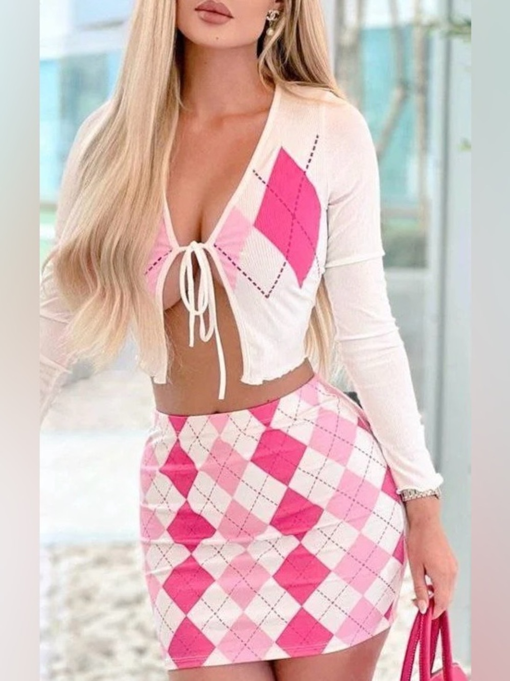 Coquette Preppy Argyle Matching Set Skirt & Tie Front Top Pink & White